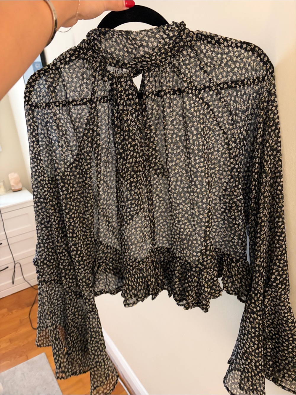 Mango Black Floral Ruffle Hem Long-Sleeve Blouse
